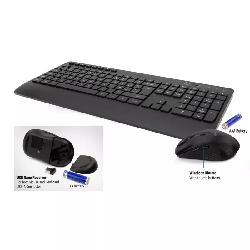 ACT bezvadu tastatūras un peles komplekts (Azerty), klusie klikšķi, videi draudzīgs, izgatavots no pārstrādātiem materiāliem