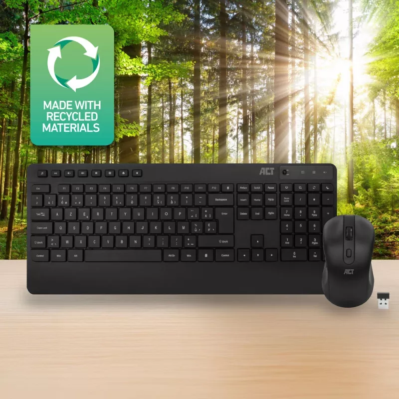 ACT bezvadu tastatūras un peles komplekts (Azerty), klusie klikšķi, videi draudzīgs, izgatavots no pārstrādātiem materiāliem