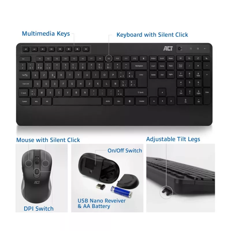 ACT bezvadu tastatūras un peles komplekts (Azerty), klusie klikšķi, videi draudzīgs, izgatavots no pārstrādātiem materiāliem