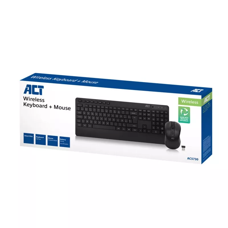 ACT bezvadu tastatūras un peles komplekts (Azerty), klusie klikšķi, videi draudzīgs, izgatavots no pārstrādātiem materiāliem