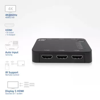 AKT 4K HDMI slēdzis 5 ieejas, 1 izeja, HDMI, Melns, 2160p, 18 Gbit/s, 4096 x 2160 pikseļi, 4K Ultra HD