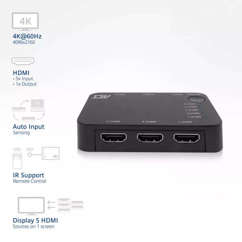 AKT 4K HDMI slēdzis 5 ieejas, 1 izeja, HDMI, Melns, 2160p, 18 Gbit/s, 4096 x 2160 pikseļi, 4K Ultra HD