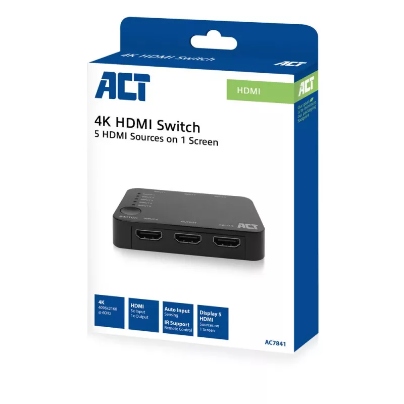 AKT 4K HDMI slēdzis 5 ieejas, 1 izeja, HDMI, Melns, 2160p, 18 Gbit/s, 4096 x 2160 pikseļi, 4K Ultra HD