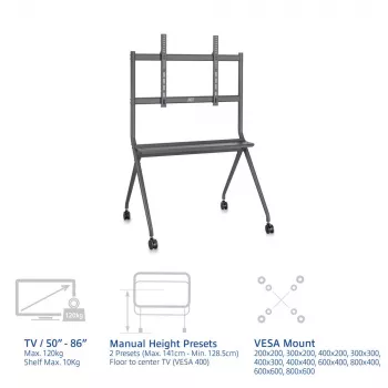 ACT pārvietojams TV/monitoru grīdas statīvs, 50” līdz 86”, VESA, 127 cm (50 collas), 2,18 m (86 collas), 200 x 200 mm, 800 x 600 mm, Alumīnijs, Plastmasa, Tērauds, Pelēks