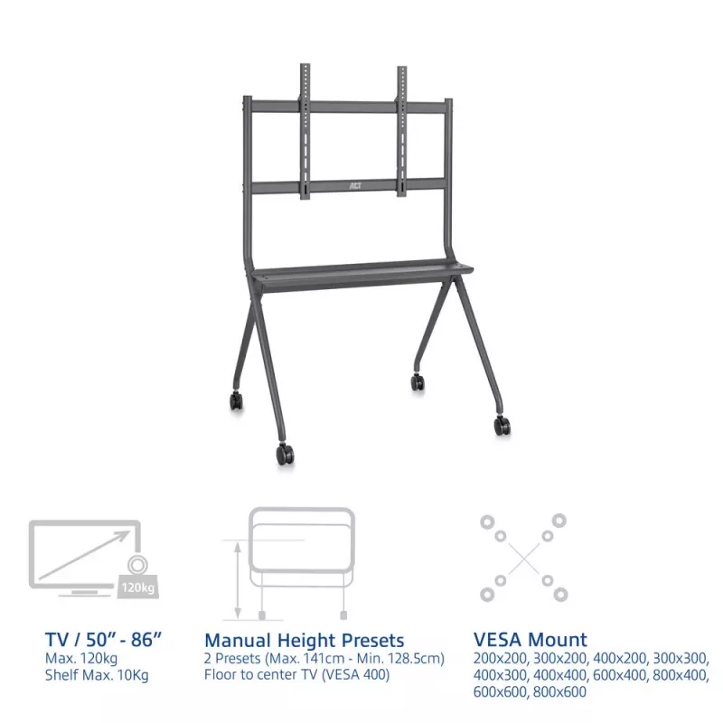 ACT pārvietojams TV/monitoru grīdas statīvs, 50” līdz 86”, VESA, 127 cm (50 collas), 2,18 m (86 collas), 200 x 200 mm, 800 x 600 mm, Alumīnijs, Plastmasa, Tērauds, Pelēks