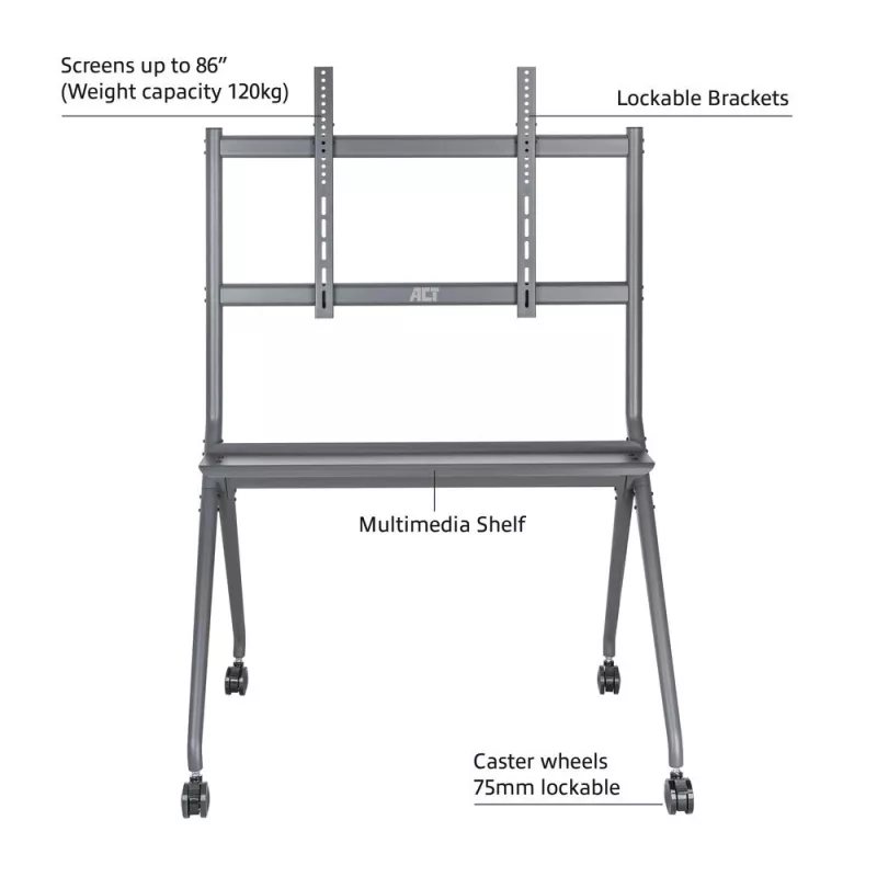 ACT pārvietojams TV/monitoru grīdas statīvs, 50” līdz 86”, VESA, 127 cm (50 collas), 2,18 m (86 collas), 200 x 200 mm, 800 x 600 mm, Alumīnijs, Plastmasa, Tērauds, Pelēks