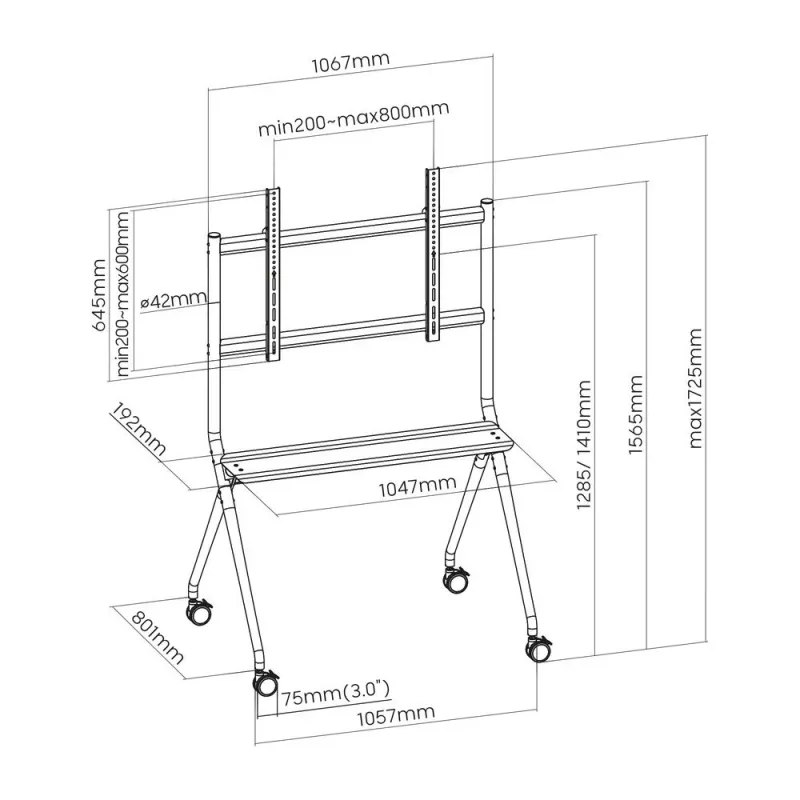 ACT pārvietojams TV/monitoru grīdas statīvs, 50” līdz 86”, VESA, 127 cm (50 collas), 2,18 m (86 collas), 200 x 200 mm, 800 x 600 mm, Alumīnijs, Plastmasa, Tērauds, Pelēks
