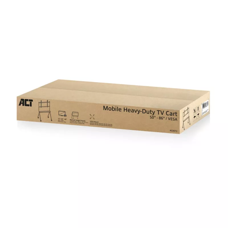 ACT pārvietojams TV/monitoru grīdas statīvs, 50” līdz 86”, VESA, 127 cm (50 collas), 2,18 m (86 collas), 200 x 200 mm, 800 x 600 mm, Alumīnijs, Plastmasa, Tērauds, Pelēks