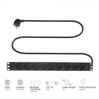 ACT pagarinātāja bloks PDU 19 collu CEE7/7 ar 9 tipa F rozetēm, 3m H05VV-F 3G1.5