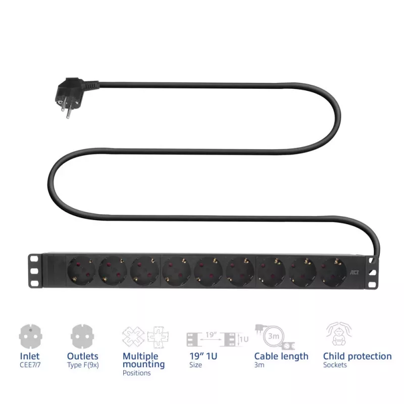ACT pagarinātāja bloks PDU 19 collu CEE7/7 ar 9 tipa F rozetēm, 3m H05VV-F 3G1.5