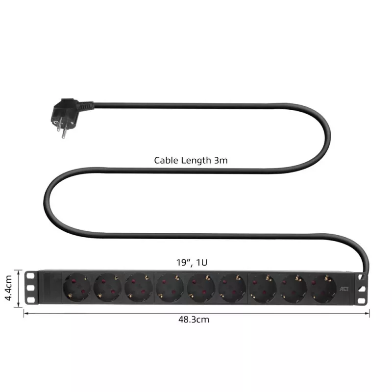 ACT pagarinātāja bloks PDU 19 collu CEE7/7 ar 9 tipa F rozetēm, 3m H05VV-F 3G1.5