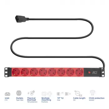 Strāvas sadales bloks ACT PD3004 19 collas C14 IEC60320 ar 8 F tipa kontaktligzdām, 3 m H05VV-F 3G1.0, 230 V 10 A