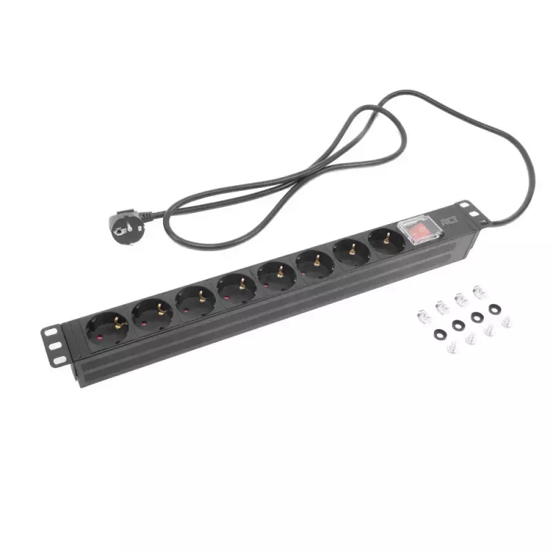 Strāvas sadales bloks ACT PDU 19 collu ar CEE7/7 kontaktdakšu, 8 F tipa kontaktligzdām, ieslēgšanas/izslēgšanas slēdzi, 2,5 m H05VV-F 3G1,5 kabeli