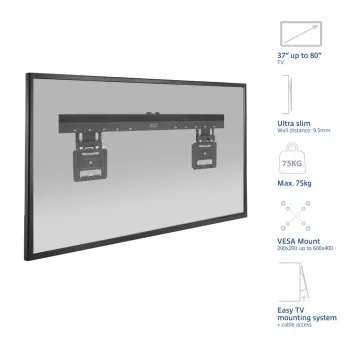 ACT Fixed TV Wall Mount AC8356 for 37 inch–80 inch TVs, ultra plāns, VESA 200x200–600x400, 75 kg capacity, 9.5 mm wall gap, Melns