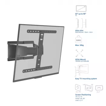 Pilnībā kustīgs TV sienas stiprinājums ACT AC8357 43 collu–90 collu ekrāniem, VESA 100x200–600x400, slīpums -15°–3°, pagriešana ±30°, maks. slodze 50 kg, īpaši plāns