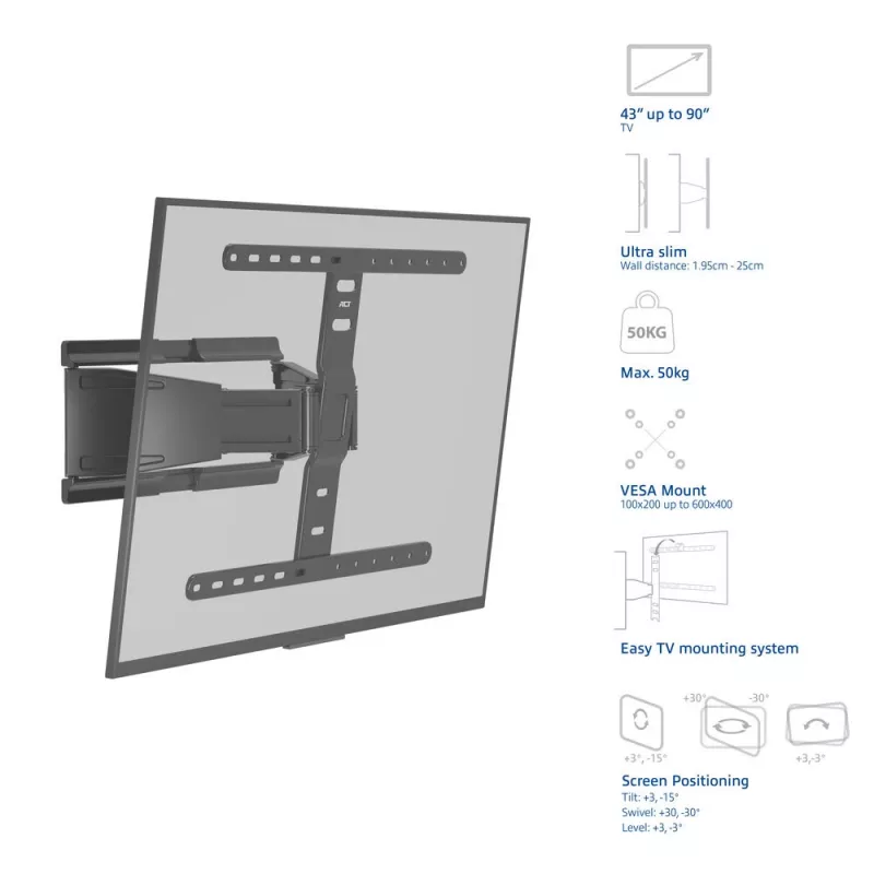 Pilnībā kustīgs TV sienas stiprinājums ACT AC8357 43 collu–90 collu ekrāniem, VESA 100x200–600x400, slīpums -15°–3°, pagriešana ±30°, maks. slodze 50 kg, īpaši plāns