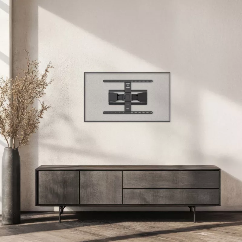 Pilnībā kustīgs TV sienas stiprinājums ACT AC8357 43 collu–90 collu ekrāniem, VESA 100x200–600x400, slīpums -15°–3°, pagriešana ±30°, maks. slodze 50 kg, īpaši plāns