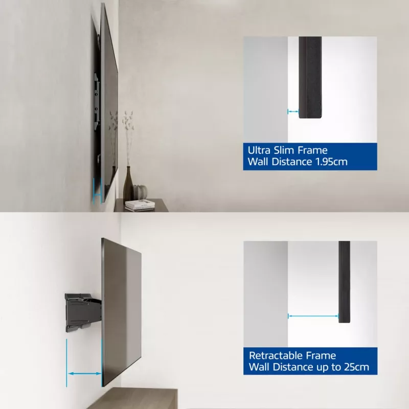 Pilnībā kustīgs TV sienas stiprinājums ACT AC8357 43 collu–90 collu ekrāniem, VESA 100x200–600x400, slīpums -15°–3°, pagriešana ±30°, maks. slodze 50 kg, īpaši plāns