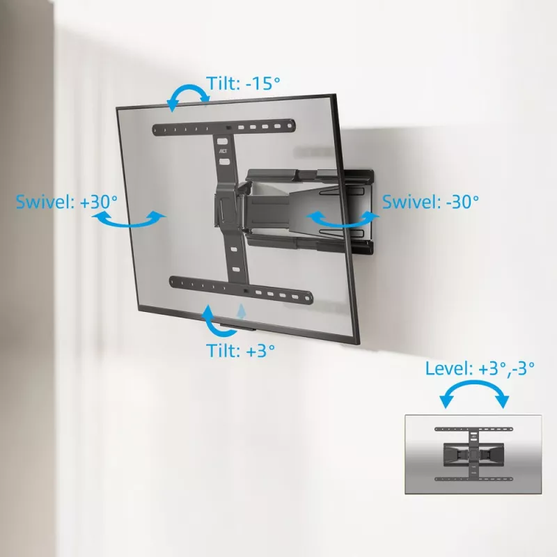 Pilnībā kustīgs TV sienas stiprinājums ACT AC8357 43 collu–90 collu ekrāniem, VESA 100x200–600x400, slīpums -15°–3°, pagriešana ±30°, maks. slodze 50 kg, īpaši plāns