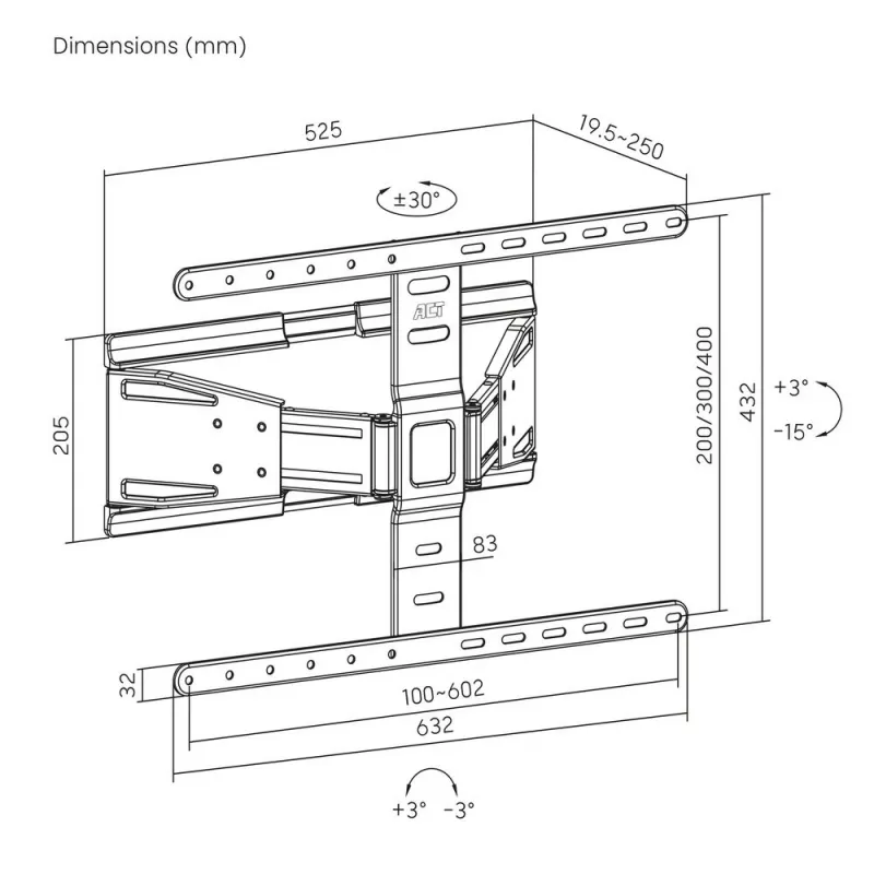 Pilnībā kustīgs TV sienas stiprinājums ACT AC8357 43 collu–90 collu ekrāniem, VESA 100x200–600x400, slīpums -15°–3°, pagriešana ±30°, maks. slodze 50 kg, īpaši plāns