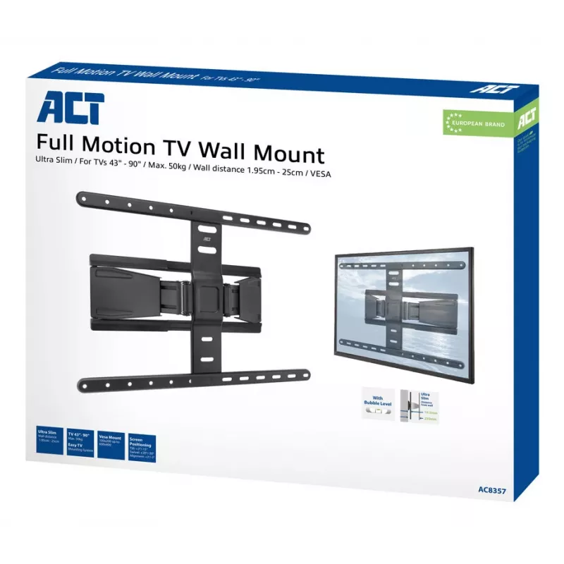 Pilnībā kustīgs TV sienas stiprinājums ACT AC8357 43 collu–90 collu ekrāniem, VESA 100x200–600x400, slīpums -15°–3°, pagriešana ±30°, maks. slodze 50 kg, īpaši plāns