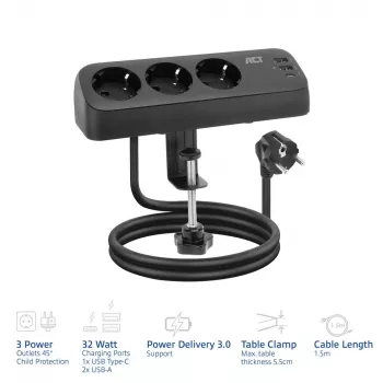 ACT galda pagarinātājs ar 3 F tipa rozetēm, 30W Power Delivery, USB Type-C/A portiem, kabeļa garums 1,5 metri