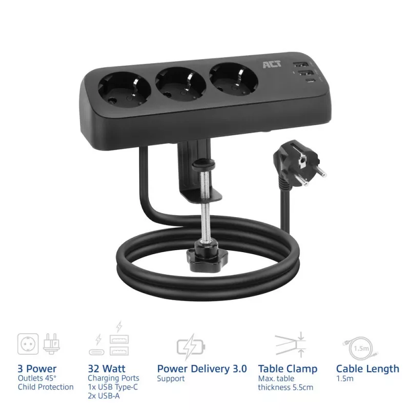 ACT galda pagarinātājs ar 3 F tipa rozetēm, 30W Power Delivery, USB Type-C/A portiem, kabeļa garums 1,5 metri