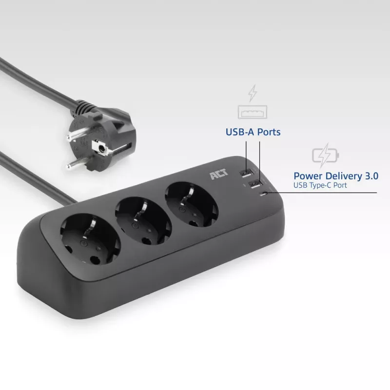 ACT galda pagarinātājs ar 3 F tipa rozetēm, 30W Power Delivery, USB Type-C/A portiem, kabeļa garums 1,5 metri