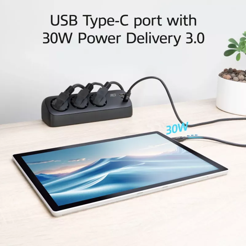 ACT galda pagarinātājs ar 3 F tipa rozetēm, 30W Power Delivery, USB Type-C/A portiem, kabeļa garums 1,5 metri