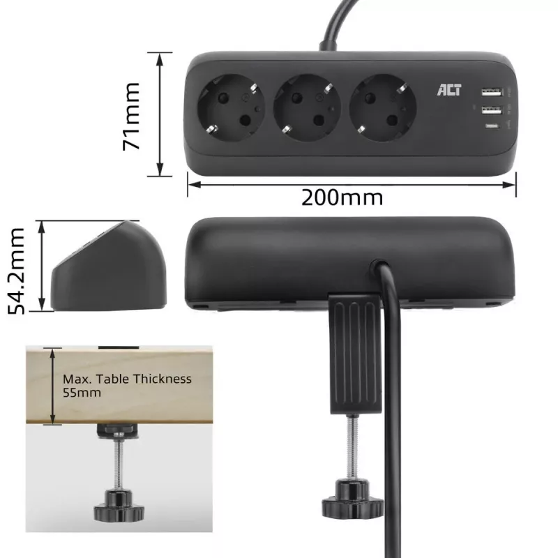 ACT galda pagarinātājs ar 3 F tipa rozetēm, 30W Power Delivery, USB Type-C/A portiem, kabeļa garums 1,5 metri