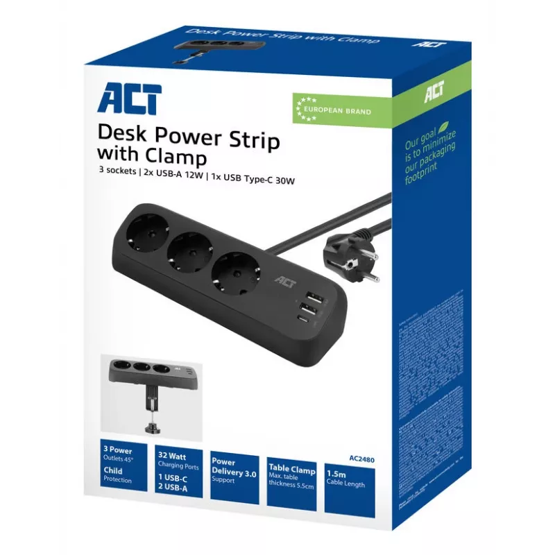 ACT galda pagarinātājs ar 3 F tipa rozetēm, 30W Power Delivery, USB Type-C/A portiem, kabeļa garums 1,5 metri
