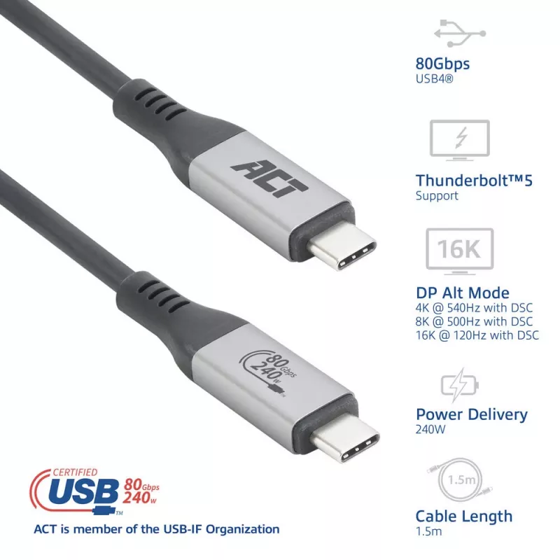 ACT USB4 80Gbps Thunderbolt 5 kabelis 240W USB Type-C, USB-IF sertificēts, 1,5 metri