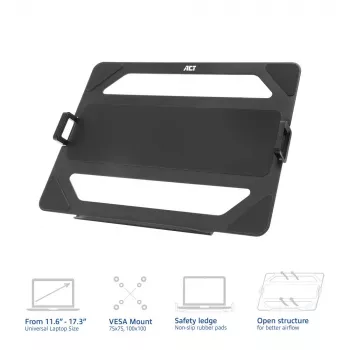 ACT Universāls klēpjdatora paliktnis monitoru svirām, melns, tērauds, 29,5 cm (11,6 collas), 43,9 cm (17,3 collas), 9 kg, 75 x 75 mm