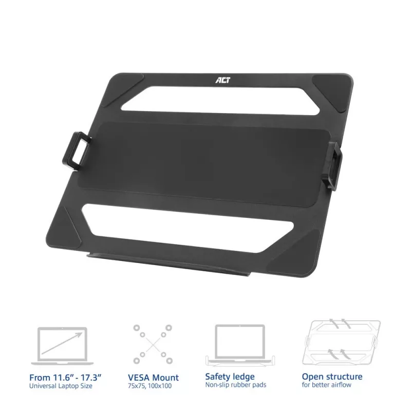 ACT Universāls klēpjdatora paliktnis monitoru svirām, melns, tērauds, 29,5 cm (11,6 collas), 43,9 cm (17,3 collas), 9 kg, 75 x 75 mm