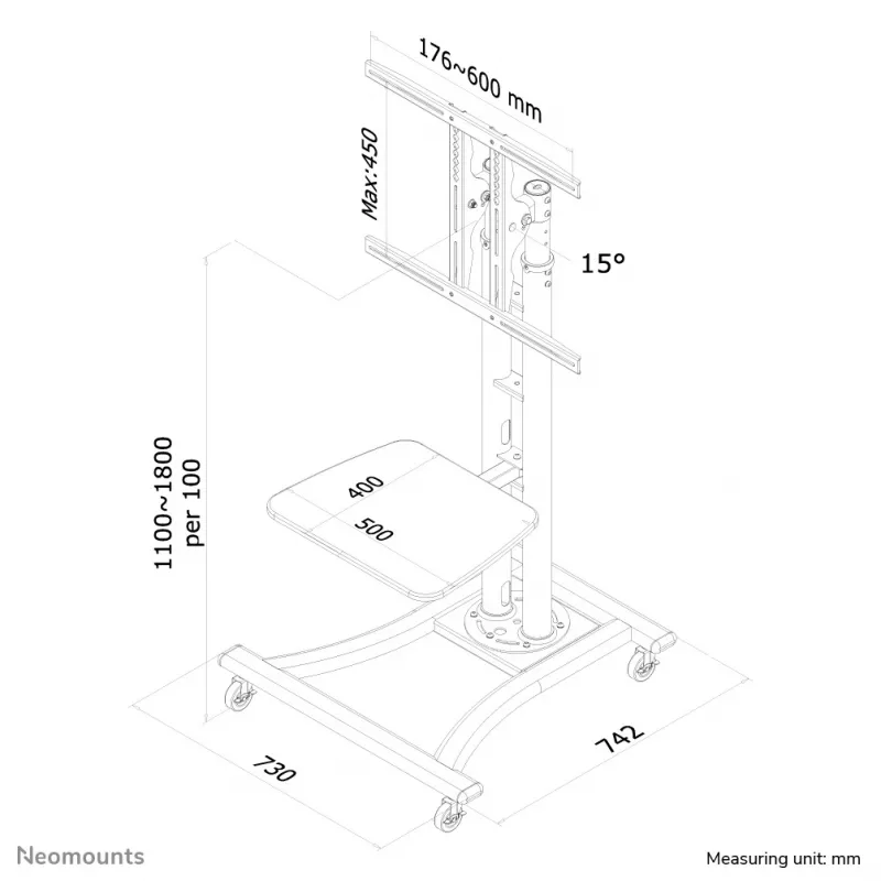 Neomounts PLASMA-M1800E TV ratiņi 27-70 collas, Sudraba, Pārnēsājams grīdas statīvs, Tērauds, 50 kg, 68,6 cm (27 collas), 177,8 cm (70 collas)