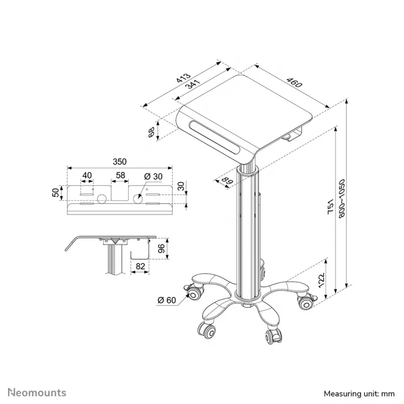 Neomounts MED-M050 Medicīnas mobilā darbstacija 10-18 collas - gāzes atspere