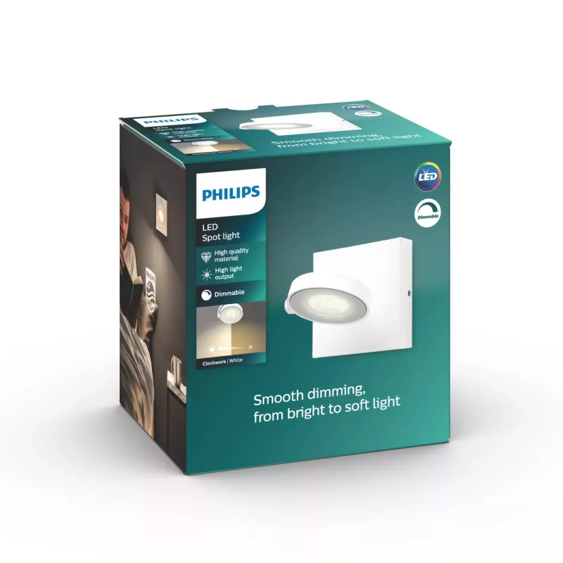 Virszemē uzstādāms LED prožektors Signify Philips Dimmable Clockwork 6,5 W, 500 lm, 2700 K, IP20, balts
