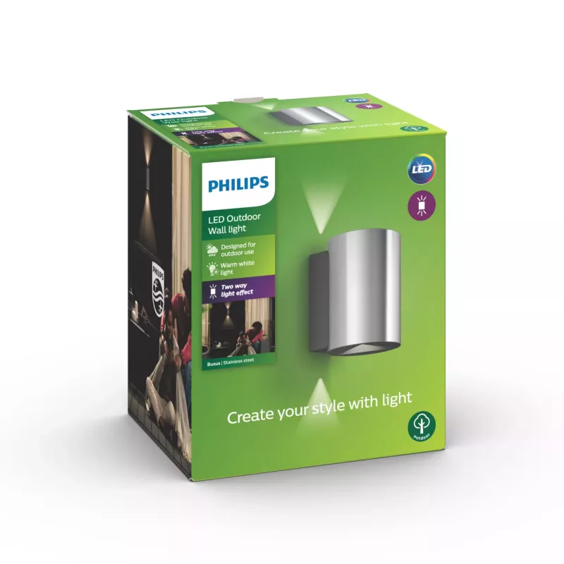 Philips myGarden Buxus sienas gaismeklis 4,5 W, āra sienas apgaismojums, nerūsējošais tērauds, metāls, IP44, terase, dārzs, I