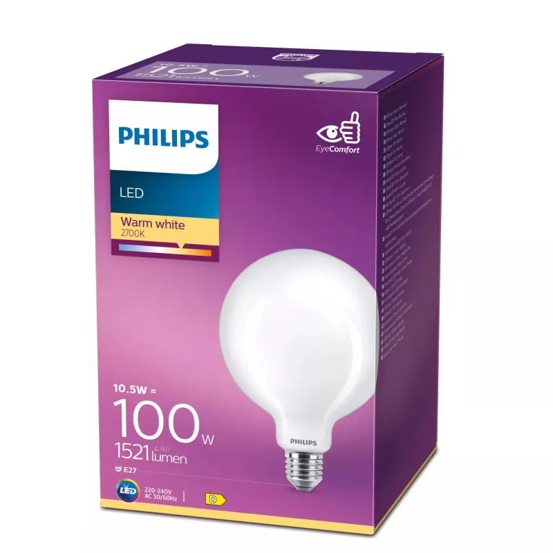 Philips Filament Bulb Frosted 100W G120 E27, 10.5 W, 100 W, E27, 1521 lm, 15000 h, Silta balta