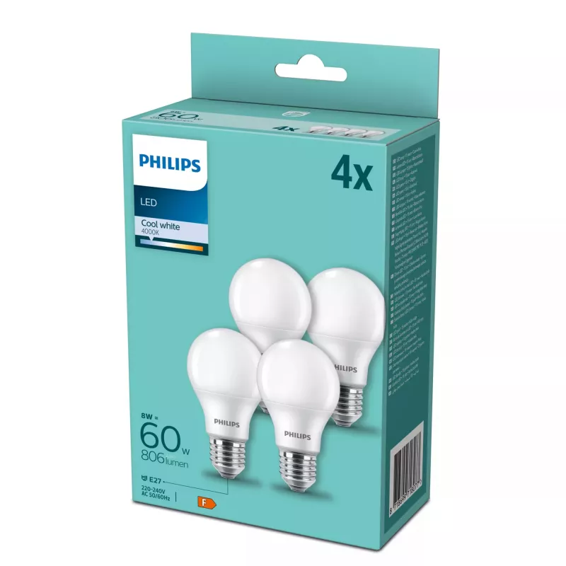 Philips LED lampa E27 60W 4000K, 4 gab. iepakojumā — E27 bāze, 4000K neitrāli balta