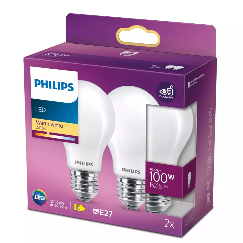 Philips kvēlspuldzes formas LED spuldze matēta 100W A60 E27 x2, 10,5 W, 100 W, E27, 1521 lm, 15000 h, silti balta