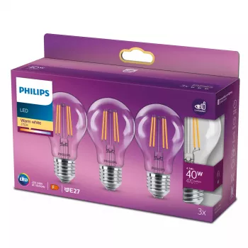 Philips kvēldiega spuldze dzidra 40W A60 E27 x3, 4.3 W, 40 W, E27, 470 lm, 15000 h, Silta balta
