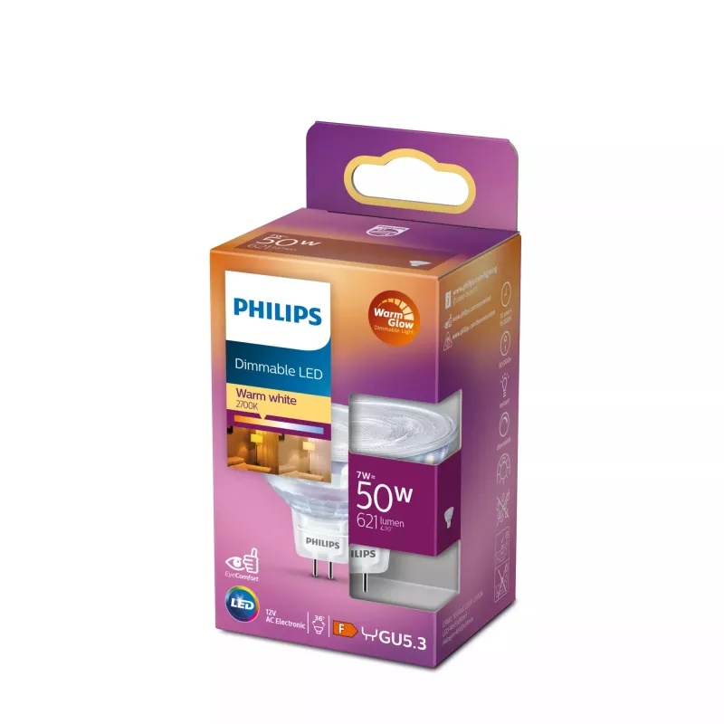 Spot spuldze Philips MR16 GU5.3 7W (ekv. 50W), 621 lm, 2200K silti balta, 36° staru kūlis, CRI 80, 15000 h