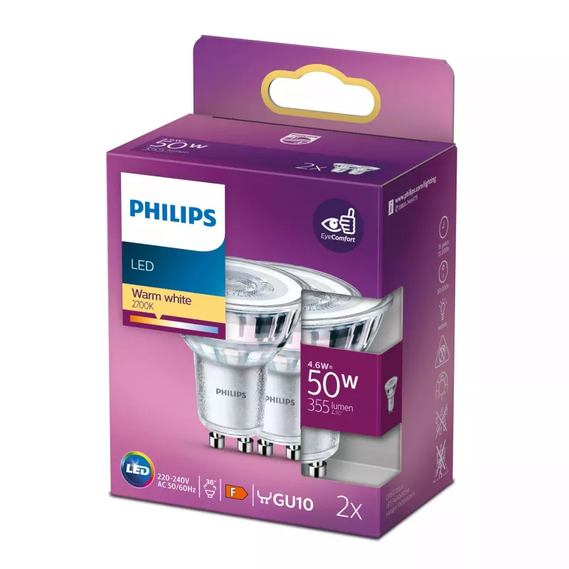 Philips Spot 50W PAR16 GU10 x2, 4,6 W, 50 W, GU10, 355 lm, 15000 h, silta balta
