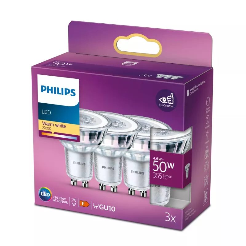 Philips LED Spot PAR16 GU10 4.6W 355lm 2700K Silta balta 3-Gab. Iepakojums