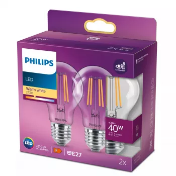 Philips kvēlspuldzes spuldze caurspīdīga 40 W A60 E27 x2, 4,3 W, 40 W, E27, 470 lm, 15000 h, silti balta