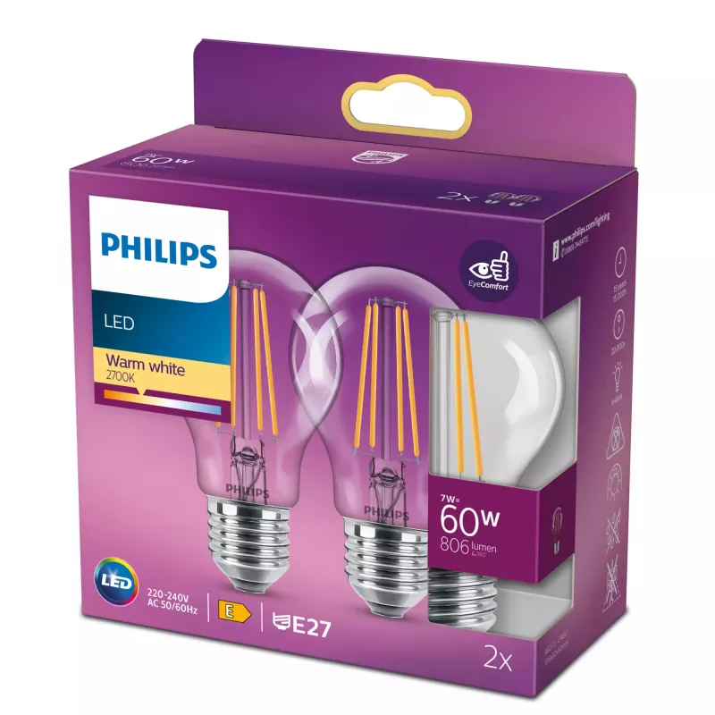 LED kvēldiega spuldze Philips A60 7 W (ekv. 60 W) E27 caurspīdīga 2700 K iepakojumā pa 2