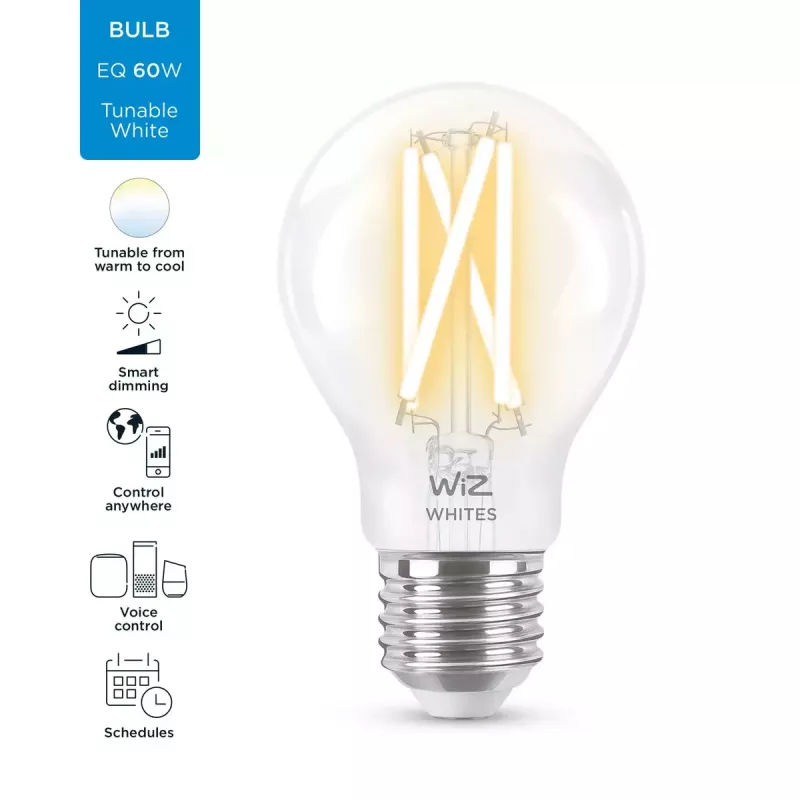 Smart LED kvēlspuldze WiZ A60 E27 7W (806 lm) dzidra, 220–240 V