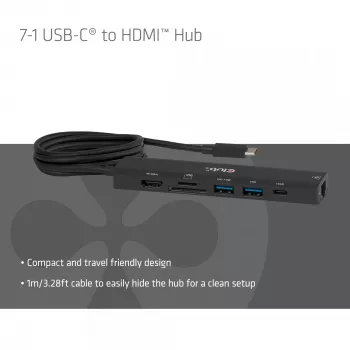 USB-C uz HDMI centrmezgls CLUB3D 7-1 — vadu, Gigabit Ethernet, melns, 136×34×94,5 mm