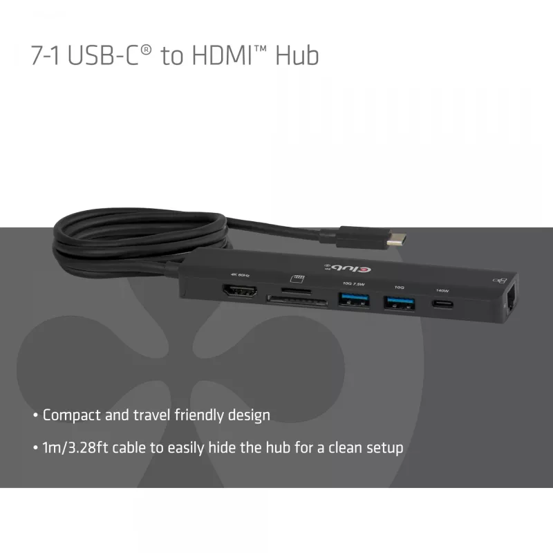 USB-C uz HDMI centrmezgls CLUB3D 7-1 — vadu, Gigabit Ethernet, melns, 136×34×94,5 mm